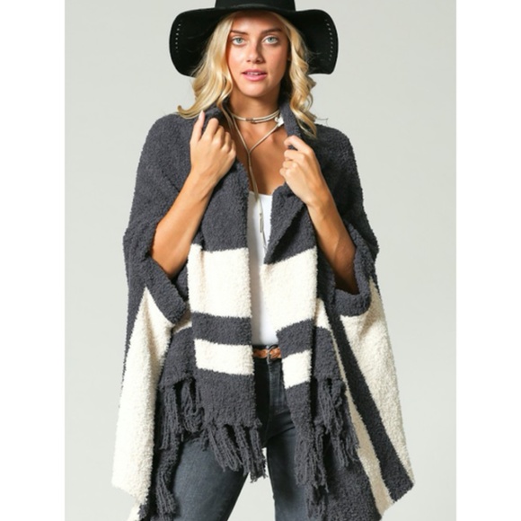 KyeMi Sweaters - LAST ONE Fringe & Bold Stripe, Open Poncho Shawl
